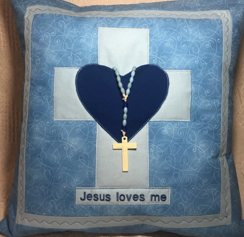 "Jesus Loves Me" Prayer Pillow and Rosary - Image 4